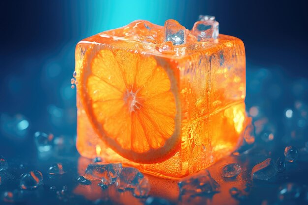 La naranja en el cubo de hielo el concepto de la fruta fresca es fresco refrescante sabor