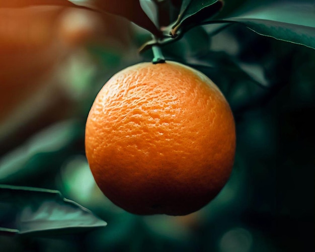 Una naranja cuelga de un árbol con hojas verdes.