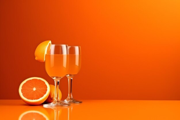Una naranja y dos vasos de naranjas se sientan uno al lado del otro, uno de los cuales está medio lleno de naranjas.
