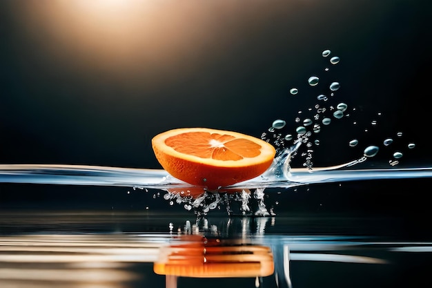 Una naranja está en el agua y se deja caer al agua.