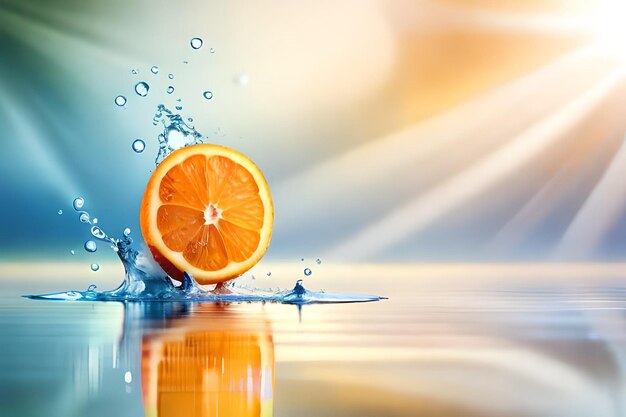 Una naranja está en el agua con un fondo azul.