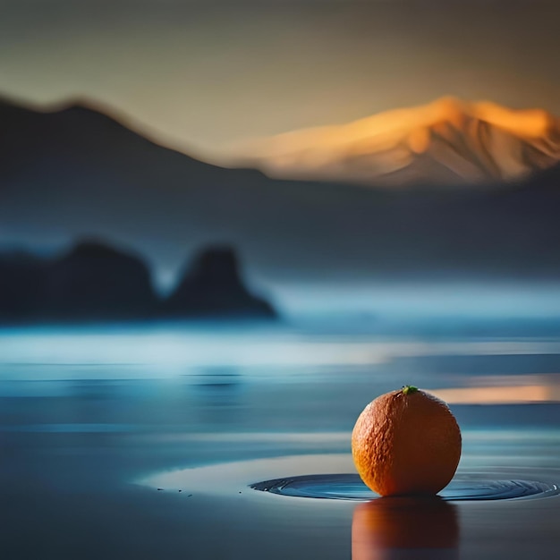 Una naranja está en el agua con montañas al fondo.