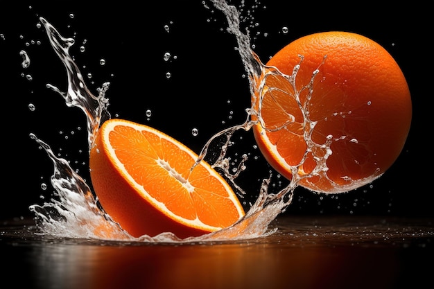 Una naranja está cayendo en un chorro de agua con un fondo negro.