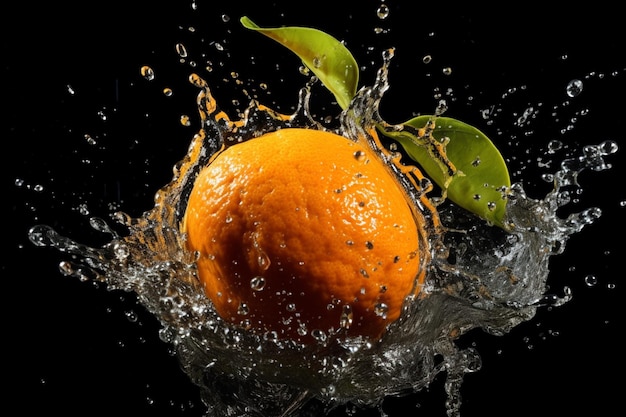 Una naranja está chapoteando en el agua con una hoja.