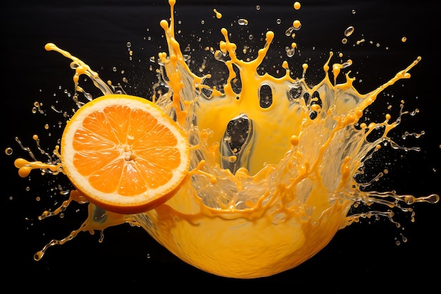 Una naranja está salpicando en una salpicadura de jugo de naranja