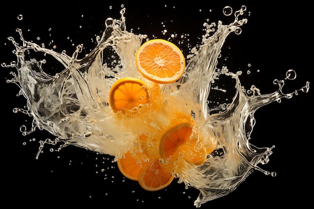 Una naranja está salpicando en una salpicadura de jugo de naranja