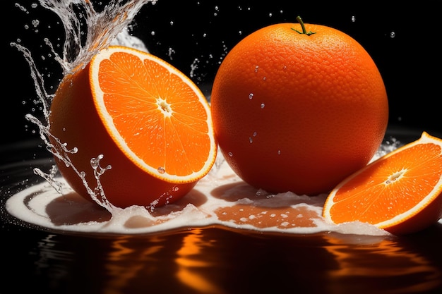 Una naranja está siendo arrastrada por una ola de agua.