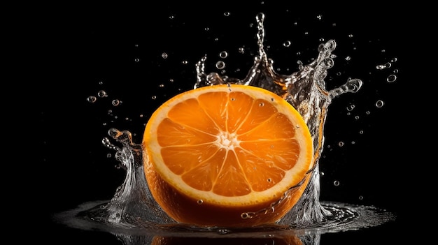 Una naranja está siendo salpicada de agua y está a punto de ser lavada