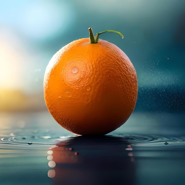 Una naranja está sobre una superficie mojada con gotas de agua.