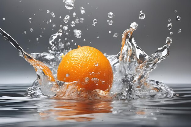 Naranja fresca caída en agua y haciendo un chapoteo