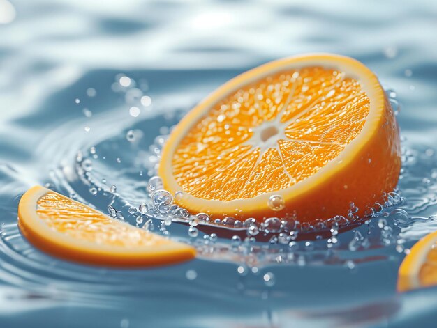 naranja fresca cayendo en el agua con salpicaduras en fondo naranja