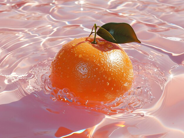 naranja fresca cayendo en el agua con salpicaduras en fondo naranja