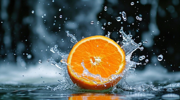 Naranja fresca salpicando en el agua.