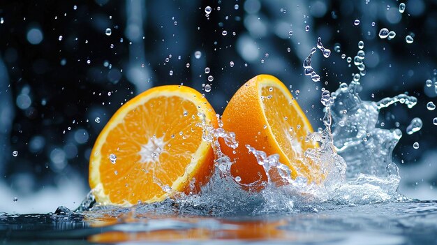 Naranja fresca salpicando en el agua.