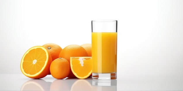 Naranja fresca y vaso con jugo.