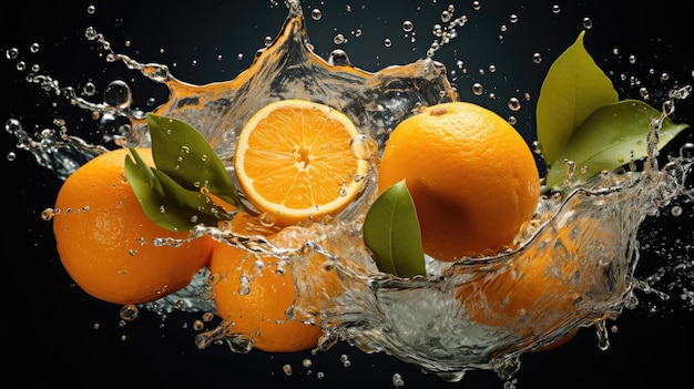 Naranja fresca voladora salpicada de agua sobre fondo negro y desenfoque