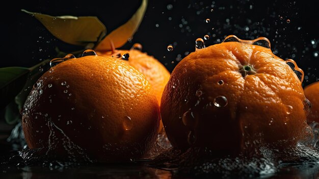 Naranja golpeado por salpicaduras de agua con fondo negro borroso