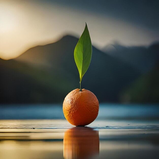 Foto una naranja con una hoja verde está parada en el agua.