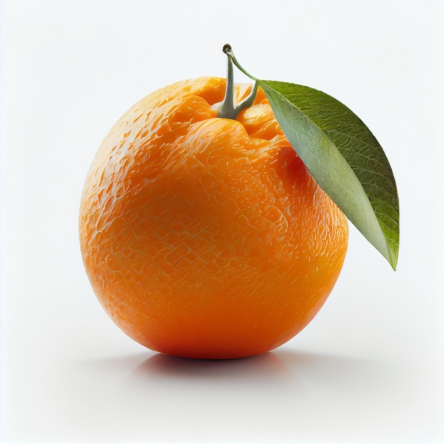 Una naranja con una hoja verde