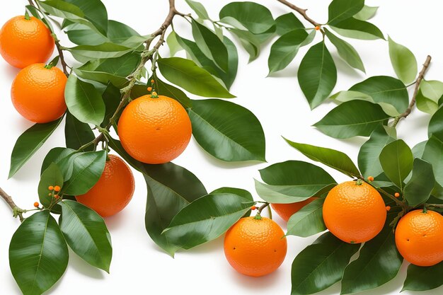 Naranja mandarina en la rama con hojas aisladas en fondo blanco