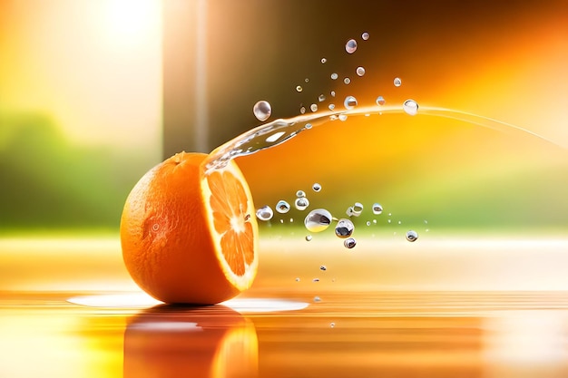 Naranja en una mesa con agua salpicando a su alrededor