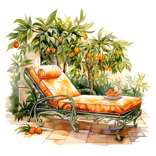 Naranja Oasis Naranjos árboles de hierro forjado sillón cerámico acogedor acuarela de la naturaleza decorativa