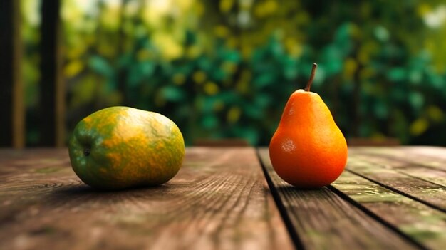 Una naranja y una pera se sientan sobre una mesa de madera con el telón de fondo de los árboles