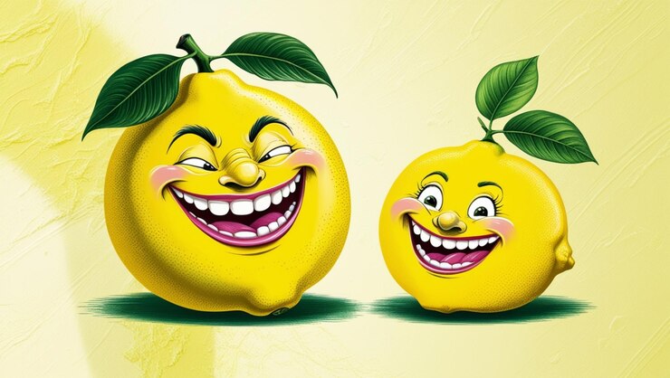 Foto naranja risida y limón con hoja personaje de dibujos animados limón maduro amarillo en gafas de sol