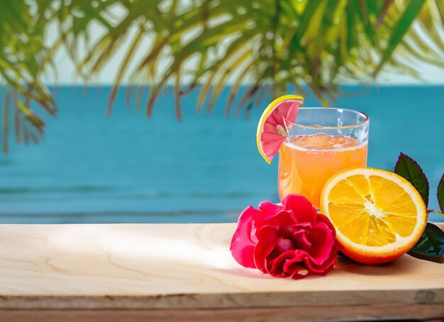 Naranja en rodajas maduras y vaso de bebida de jugo