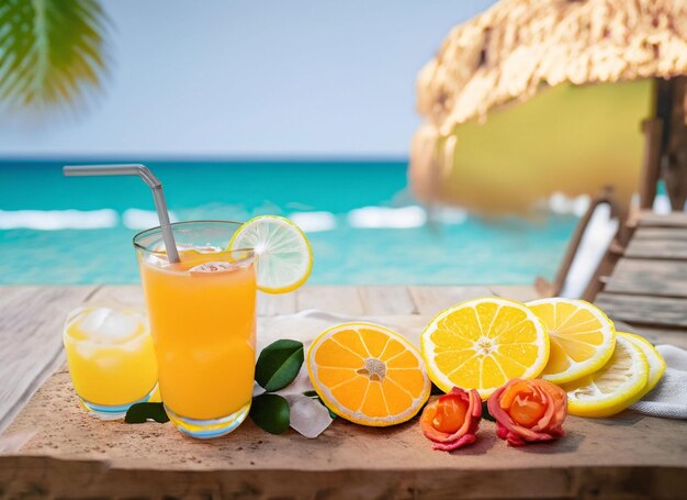 Naranja en rodajas maduras y vaso de bebida de jugo