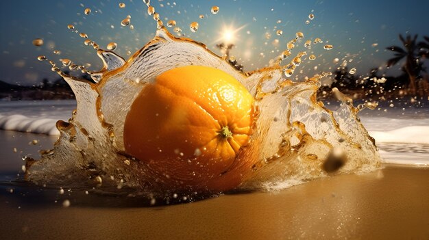 Foto naranja en salpicaduras de agua en verano en el océano con fondo de cielo azul y ai generado