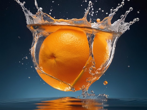 Foto una naranja se está salpicando con agua y la palabra naranja está en el agua