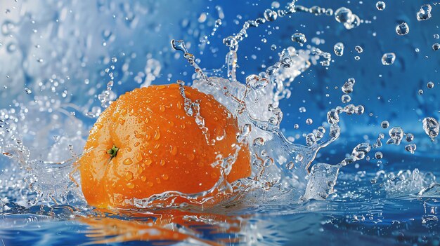 Foto una naranja está siendo salpicada con agua y el salto está cayendo