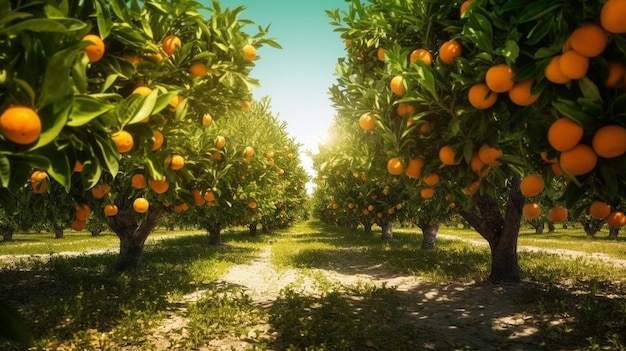 un naranjal con el sol brillando sobre él.