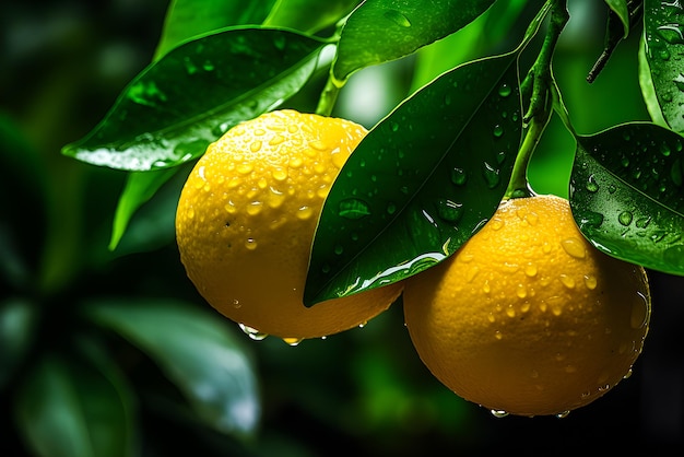 Naranjas amarillas frescas con hojas verdes generativas ai