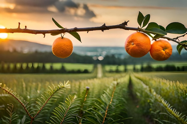 Naranjas en un árbol con una puesta de sol al fondo.