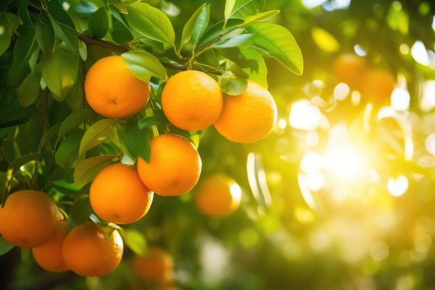 Naranjas bañadas en el sol en el árbol