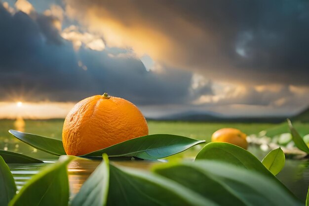 Foto naranjas en un campo con un cielo al atardecer