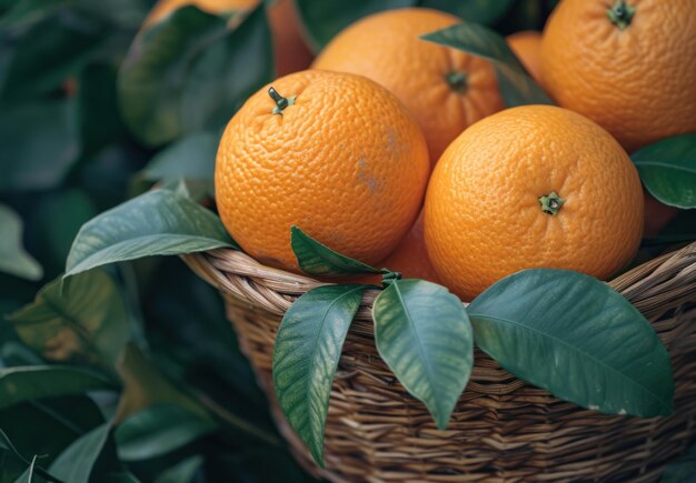 Foto naranjas en una canasta con hojas