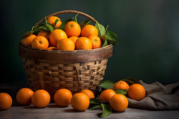 naranjas en una canasta en una mesa