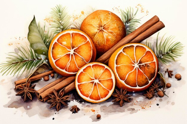 Naranjas, canela, pan de jengibre, decoración, acuarela.