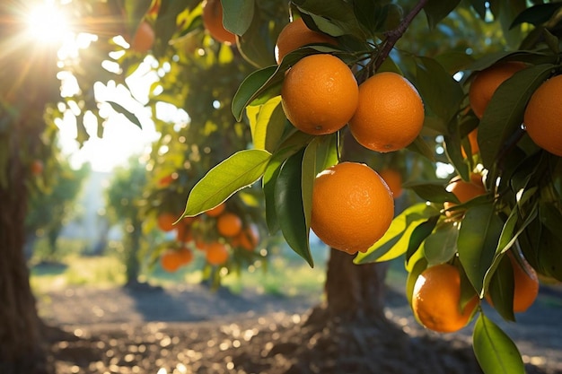 Naranjas colgando de un árbol con el sol brillando a través de las hojas.