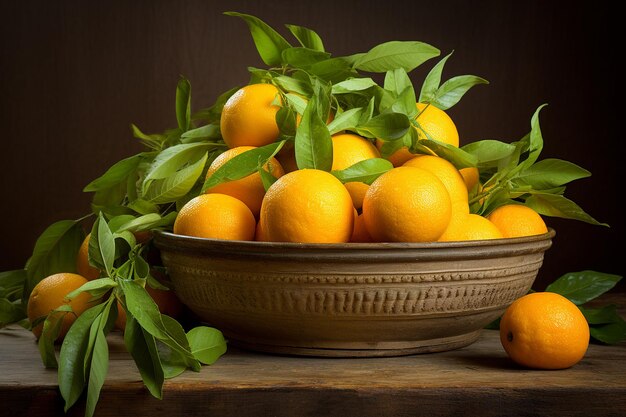 Naranjas dispuestas en un cuenco con hojas aromáticas de verbena de limón