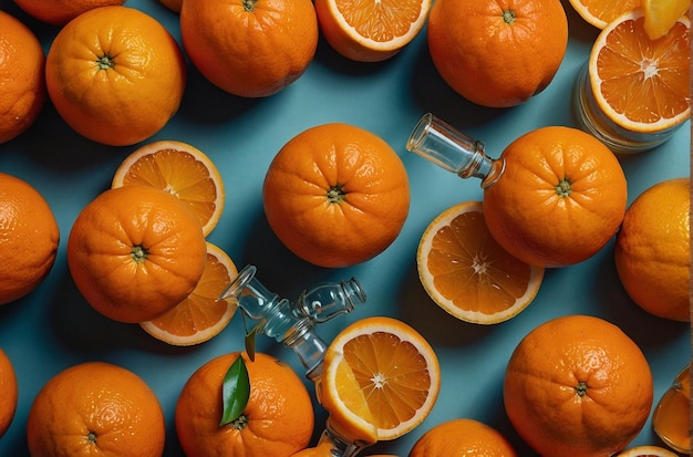Naranjas dispuestas en un patrón con un vaso de jugo
