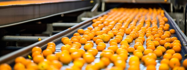 Naranjas en una fábrica de alimentos limpias y frescas listas para el envasado automático IA generativa