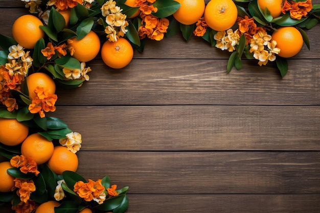 Naranjas y flores sobre un fondo de madera