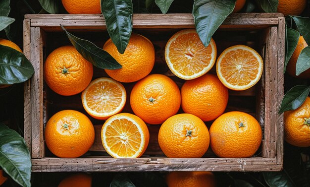 Naranjas frescas en cajas de madera