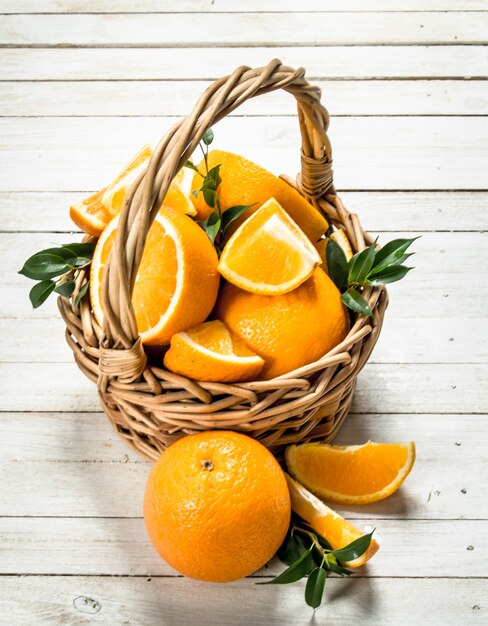 Naranjas frescas en una canasta sobre una mesa de madera blanca.