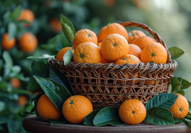 Naranjas frescas en la canasta sobre una mesa.