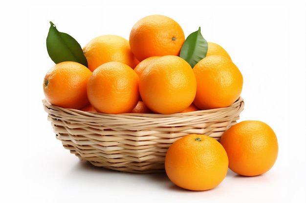 Naranjas frescas en una cesta aislada en blanco